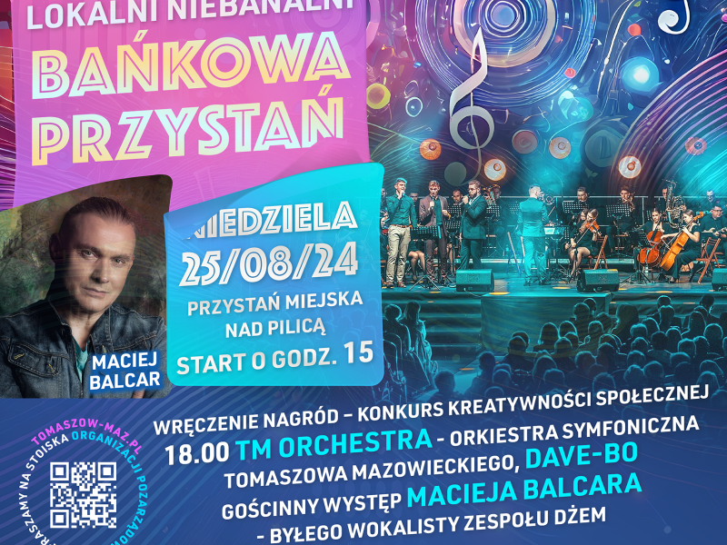 Na zdjęciu plakat Pikniku Lokalni Niebanalni wraz z harmonogramem imprezy i zdjęciem Macieja Balcara, głównej gwiazdy