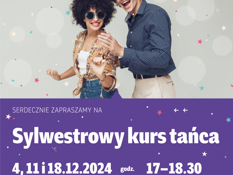 Na zdjęciu rozbawiona, tańcząca para. Plakat promujący sylwestrowy kurs tańca.