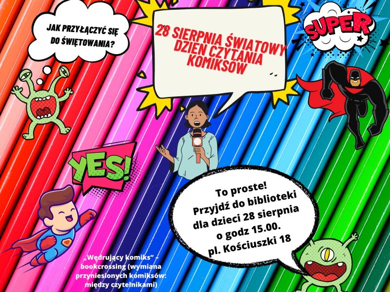 Na zdjęciu plakat Dnia Komiksu w Bibliotece. Na plakacie komiksowa grafika z bohaterami komiksów