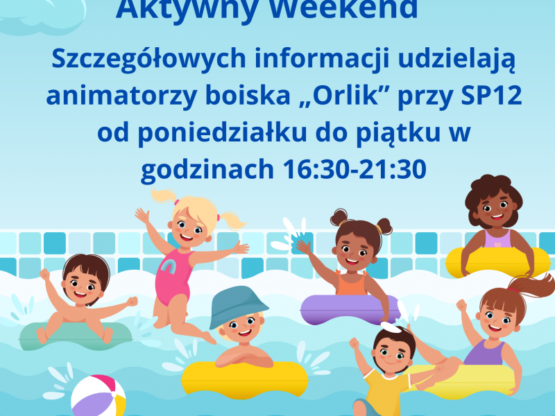 Na zdjęciu plakat darmowych zajęć pływania w Szkole Podstawowej nr 12. Na plakacie grafika przedstawiająca dzieci na basenie pływackim