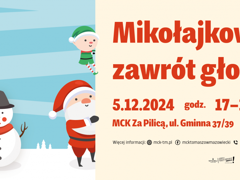 Na zdjęciu plakat Mikołajkowy Zawrót Głowy, na plakacie Mikołaje i bałwan śnieżny